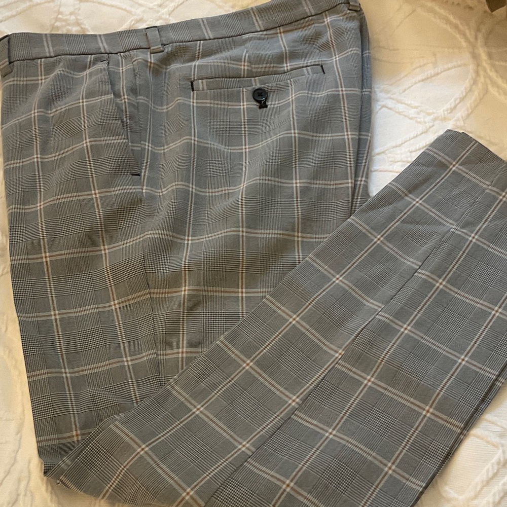 Gray and White Dress Pants with Subtle Plaid Pattern